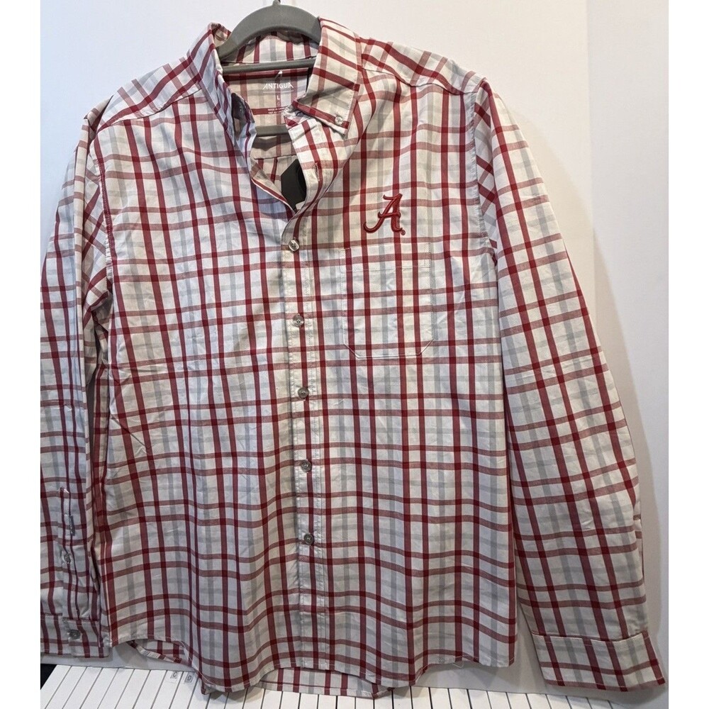 Antigua Alabama Crimson Tide Plaid Button Down Shirt Men Red White Gray Lg NWT